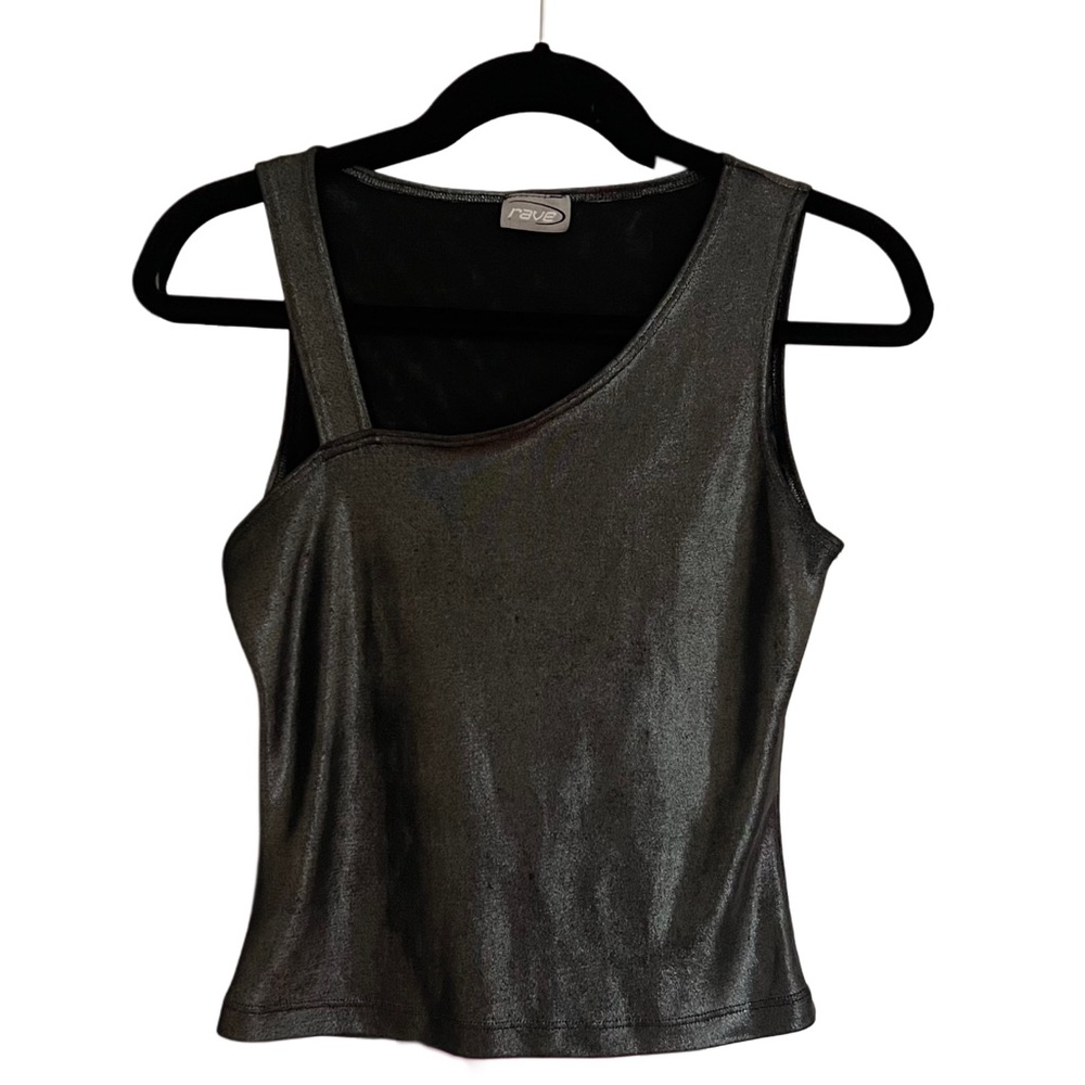 Black Shimmer Asymmetrical Sleeveless Mesh Tank